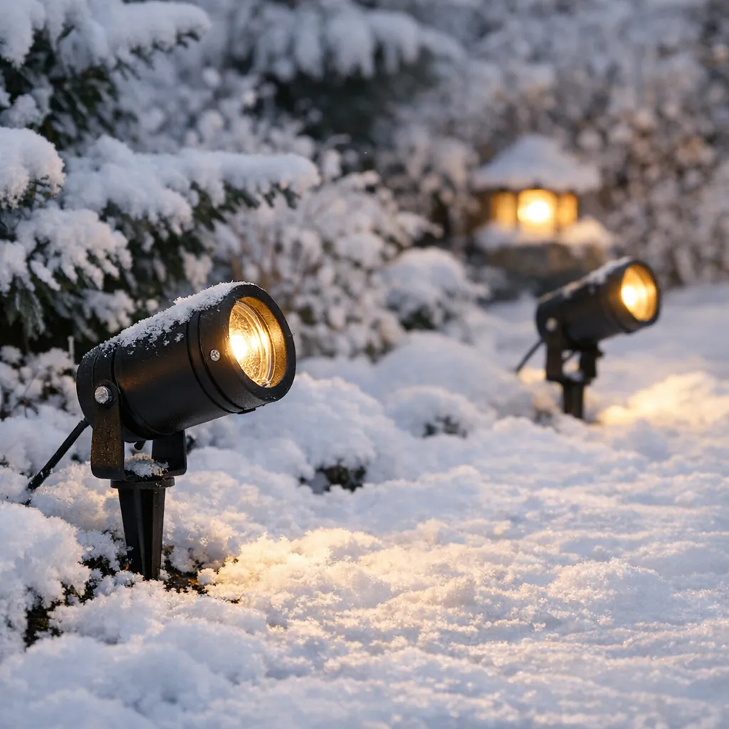 Erdspie&szlig;strahler im Garten bei Schnee