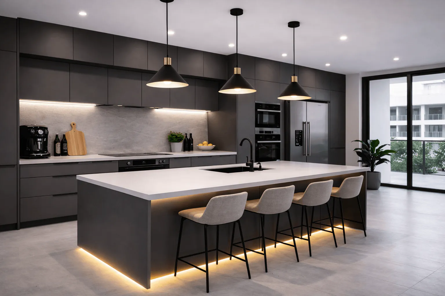 K&uuml;chenbeleuchtung mit Deckenspotlights, Pendelleuchten, Unterbauleuchten und LED-Steifen